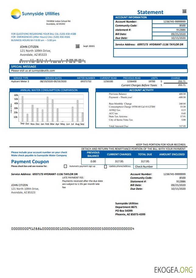 USA Washington Sunnyside Utilities water utility bill template in Word and PDF format